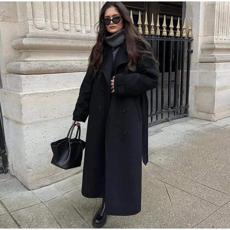 Elegant Grey Belt Long Faux Wo - Wool Coat Peacoat review and price