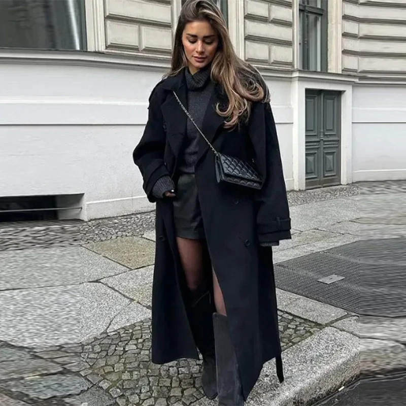Elegant Grey Belt Long Faux Wo - Wool Coat Peacoat review and price