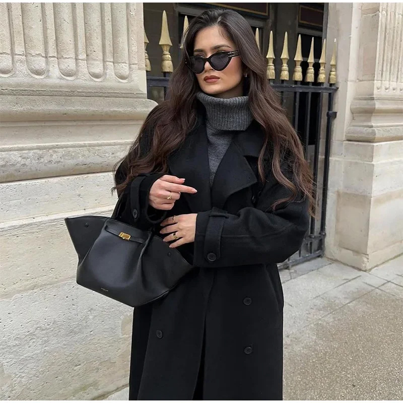 Elegant Grey Belt Long Faux Wo - Wool Coat Peacoat review and price