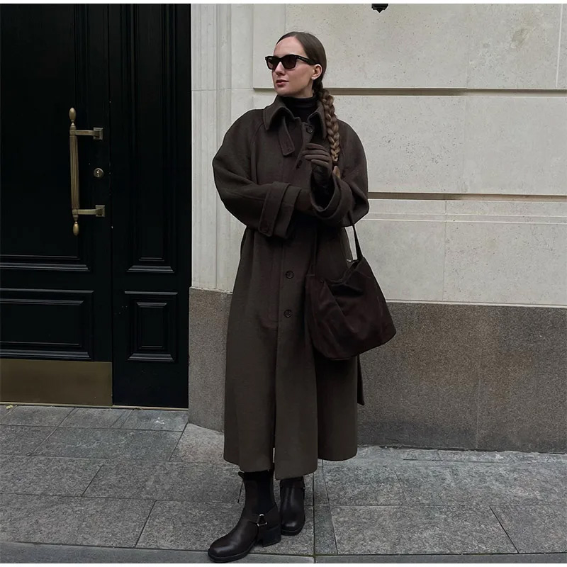 Elegant Grey Belt Long Faux Wo - Wool Coat Peacoat review and price