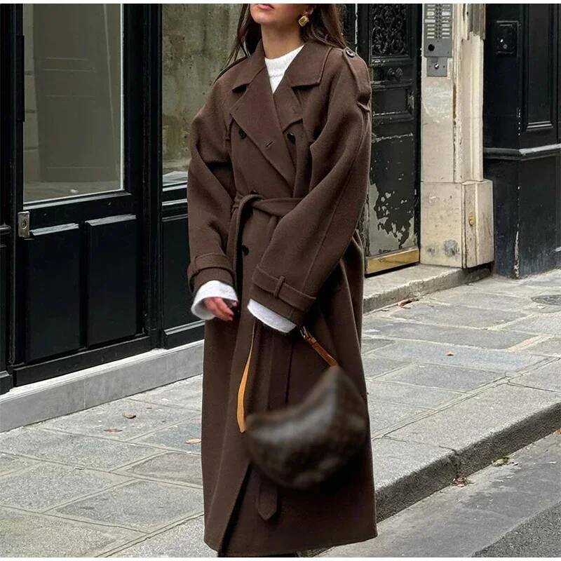 Elegant Grey Belt Long Faux Wo - Wool Coat Peacoat review and price