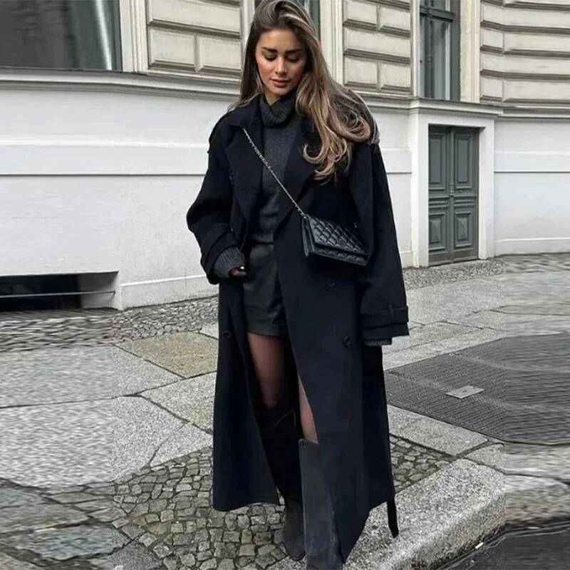 Elegant Grey Belt Long Faux Wo - Wool Coat Peacoat review and price